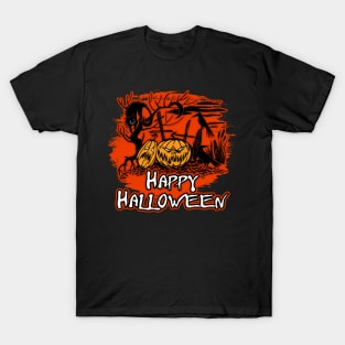 Happy Halloween Graveyard Pumpkins Cat and Crows T-Shirt